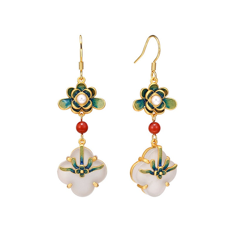 Chinese Style Enamel Lotus Jade Agate Stone Earring