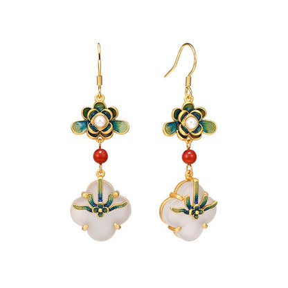 Chinese Style Enamel Lotus Jade Agate Stone Earring