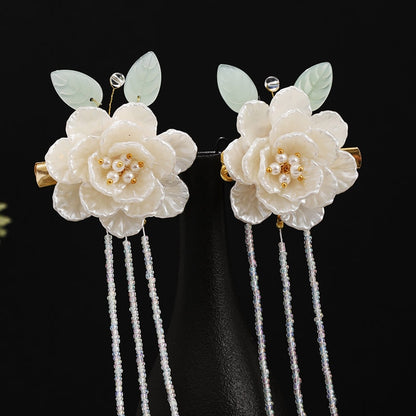 White Flower Leaf Pearls Long Tassel Hairpin Clips