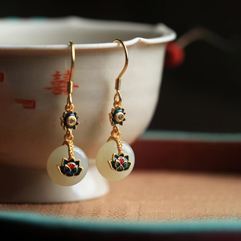Natural Crystal Stone Lotus Pendant Earrings