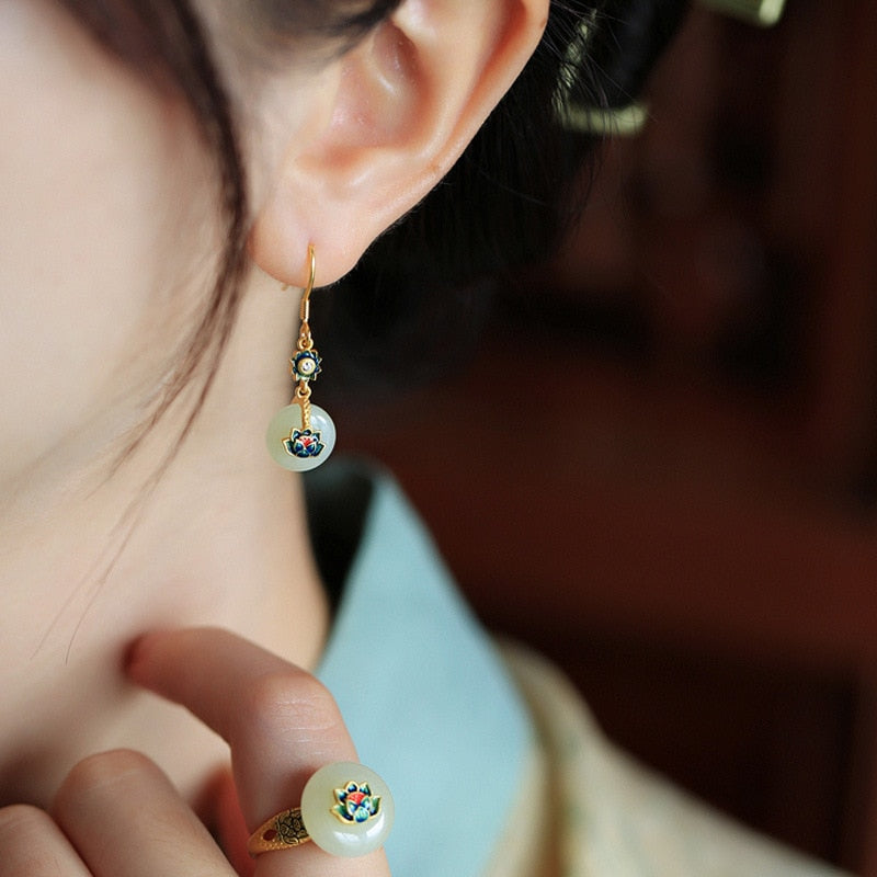 Natural Crystal Stone Lotus Pendant Earrings