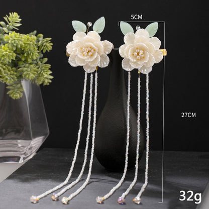 White Flower Leaf Pearls Long Tassel Hairpin Clips