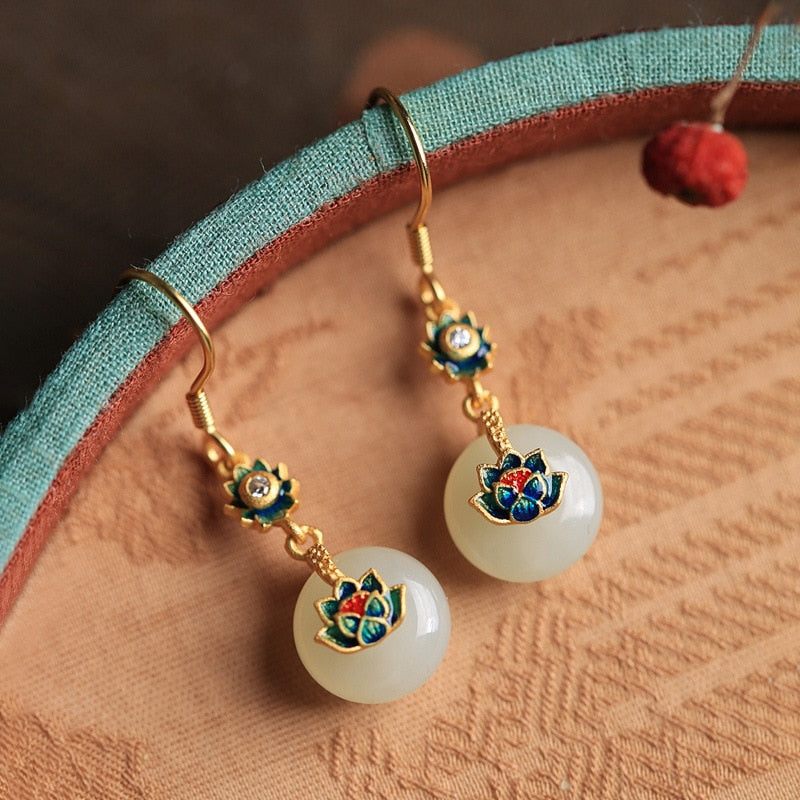 Natural Crystal Stone Lotus Pendant Earrings