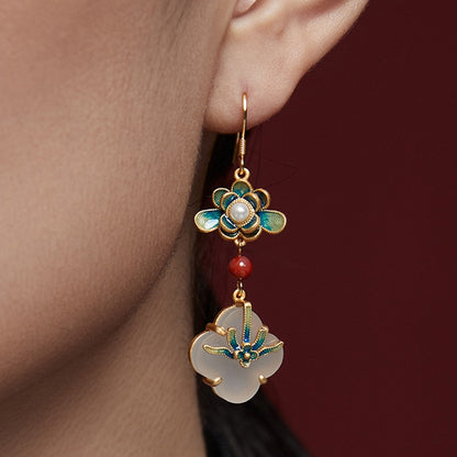 Chinese Style Enamel Lotus Jade Agate Stone Earring