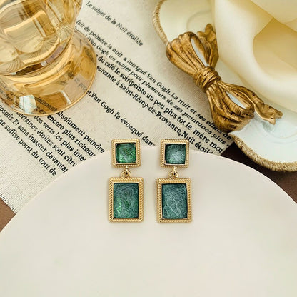 Pendientes de clip cuadrados de cristal verde vintage