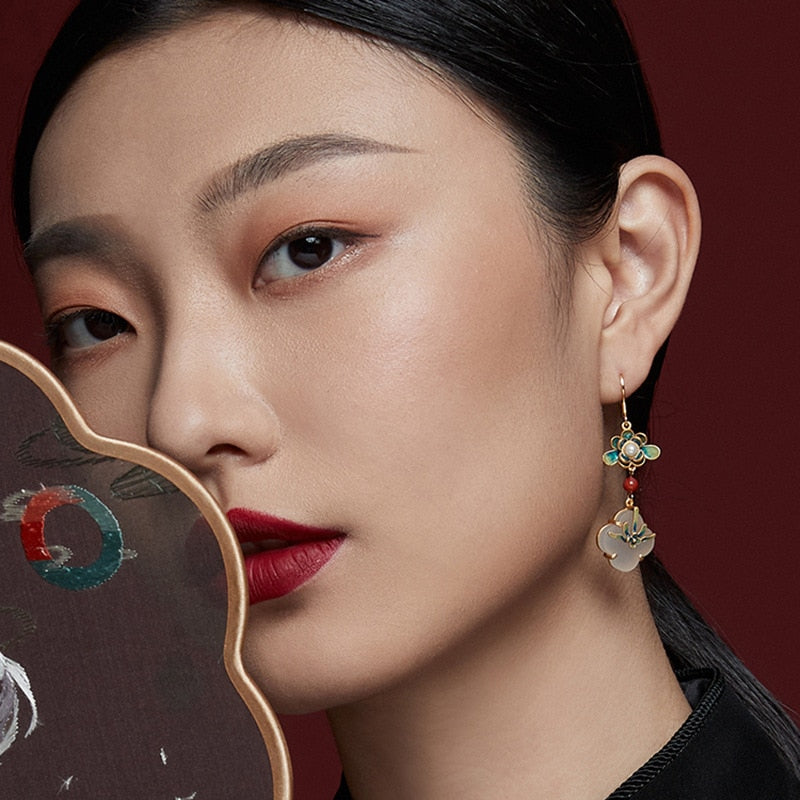 Chinese Style Enamel Lotus Jade Agate Stone Earring