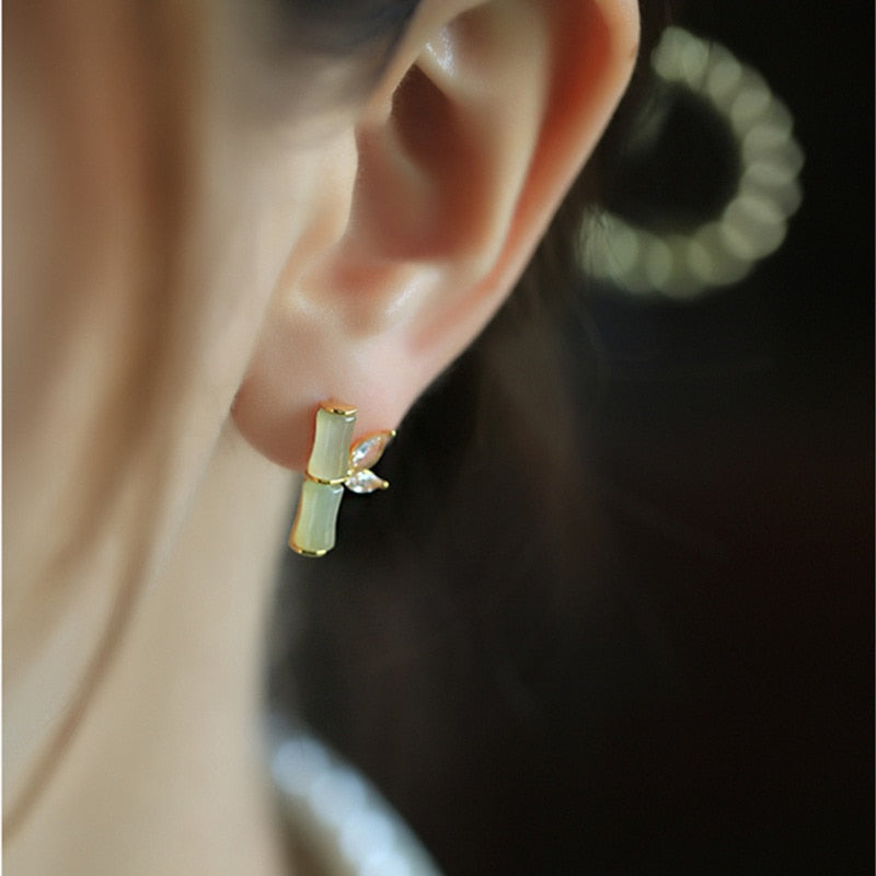 Chinese Opal Bamboo Stud Earrings